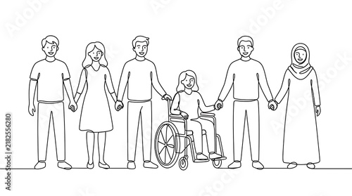 Continuous line drawing of a diverse family standing together including a person in a wheelchair with inclusion