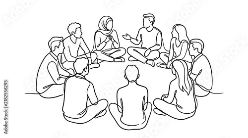 Continuous line drawing of a group of people sitting in a circle during a meeting with discussion together community