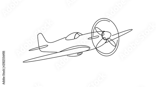Continuous line drawing of a vintage propeller airplane in flight with airplane aviation propeller transport aircraft