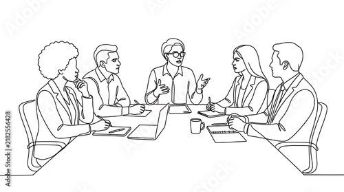 Continuous line drawing of a business team in a professional meeting with business conference corporate colleagues