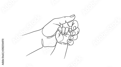 Continuous line drawing of an adult hand holding a baby hand with connection minimalist continuous monochrome together