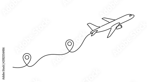Travel airplane concept with location pins and flight path line airplane location aviation minimalist continuous