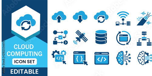 Cloud computing icon set in blue color with editable vector for data storage and network services.