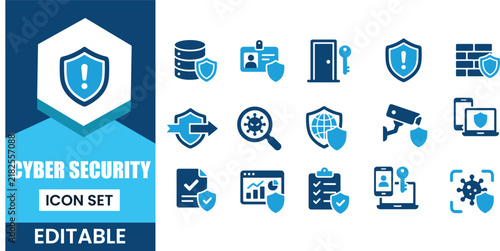 Cyber security icon set with blue shield, database, firewall and virus protection digital elements.