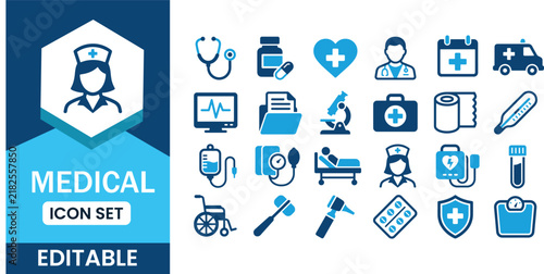 Medical icon set in blue color with editable vector for healthcare, hospital, and medical services.