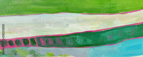 Minimal Abstract Acrylic Painting with Green Turquoise White and Pink Horizontal Color Fields