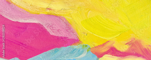 Bright Abstract Acrylic Painting Background with Pink Yellow and Blue Expressive Brush Strokes