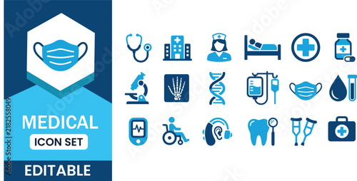 Medical icon set with blue gradient clinical elements for healthcare systems and hospital supplies.