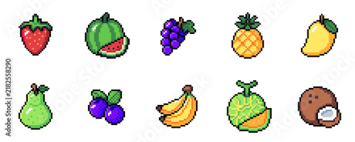 Cute Fresh Fruit Collection – 10 Fruits Pixel Art Set, Vector Illustration