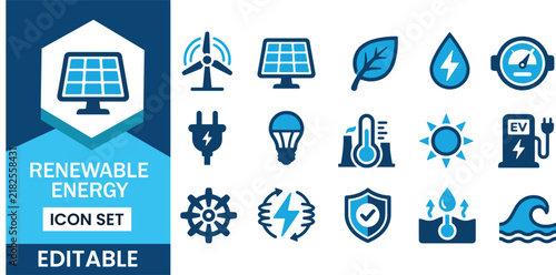 Renewable energy icon set with blue gradient elements for sustainable power and green tech projects.