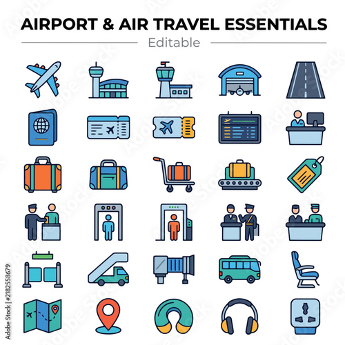 Airport Travel and Aviation Essential Icon Collection