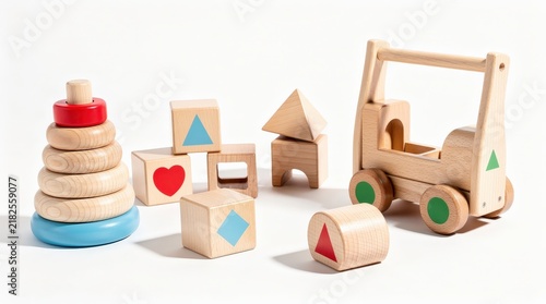 Wooden educational toys including stacking rings, shape sorter blocks, and a pull-along vehicle on a white background.