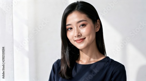 A confident young woman with straight black hair smiles gently, dressed in a dark top against a softly lit, minimalistic background.