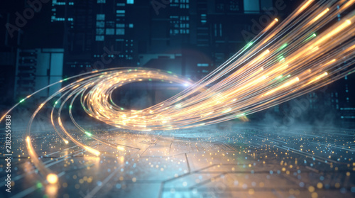 Fiber optic cables transmit glowing golden light trails across a dark digital circuit surface.