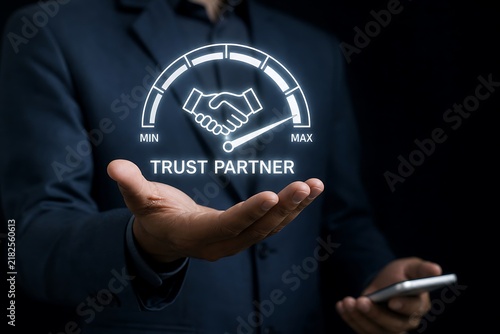 Businessman holding a virtual trust partner gauge showing a handshake icon on a dark background