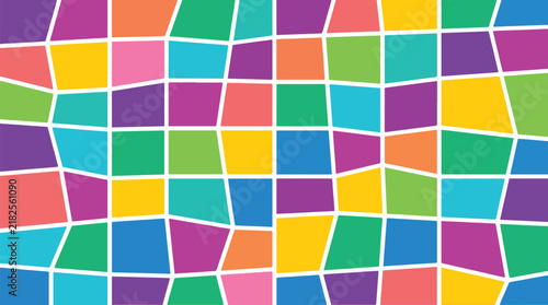 Distorted grid abstract mosaic background featuring multicolor square and rectangle polygon shapes.