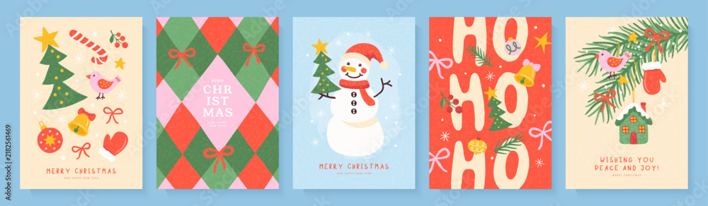 Obraz premium Set of Christmas and New Year greeting card designs in a modern flat style with grainy texture. Featuring snowman, fir tree branches, ornaments and festive winter symbols. Vector illustration.