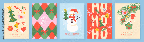 Set of Christmas and New Year greeting card designs in a modern flat style with grainy texture. Featuring snowman, fir tree branches, ornaments and festive winter symbols. Vector illustration.