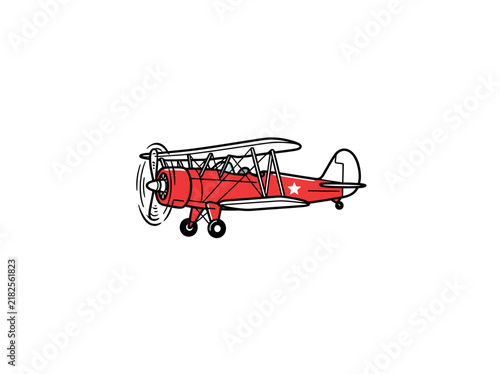 Vintage Red Propeller Biplane With Landing Gear Vector Illustration