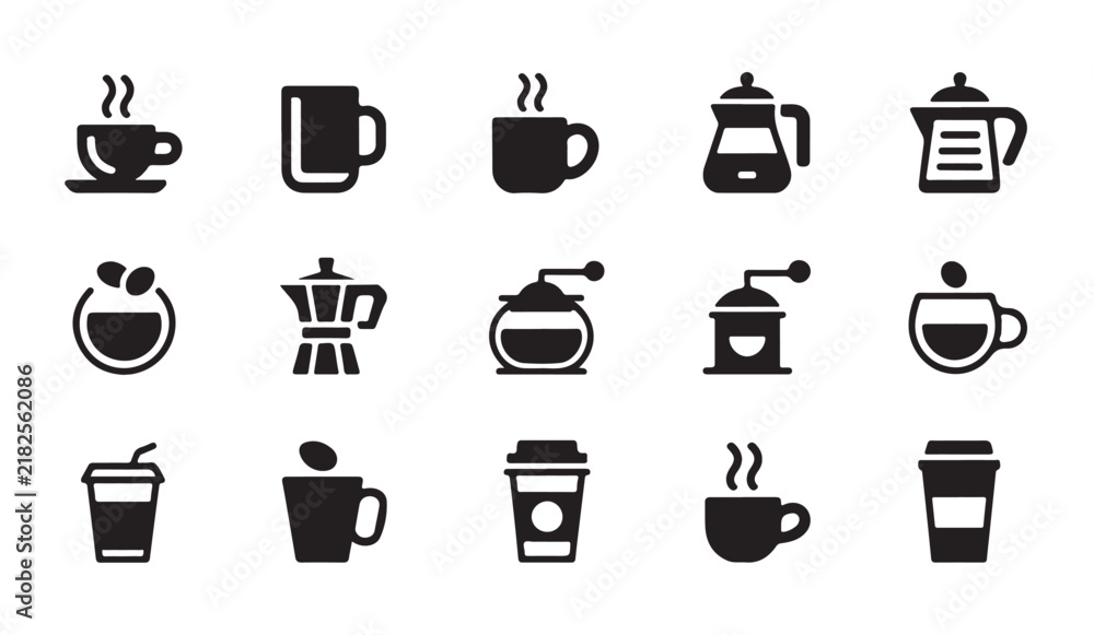Obraz premium Minimalist coffee and tea equipment icons including grinder moka pot mugs and takeaway cups for cafe design.