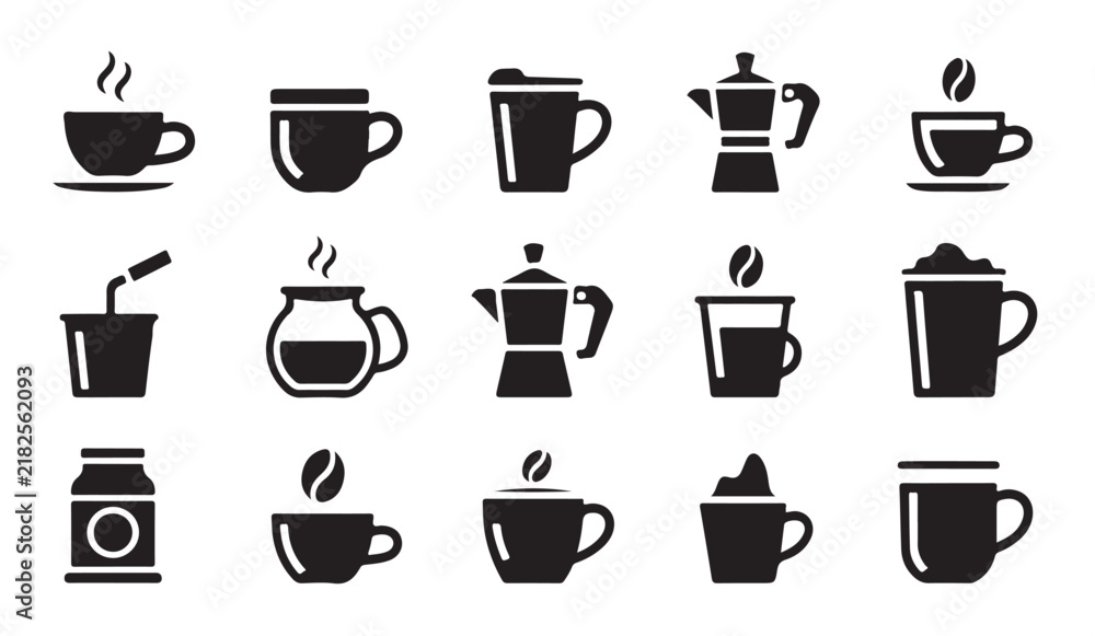 Obraz premium Assorted coffee cup icons in solid black silhouette style for cafe menu design and beverage shop branding.
