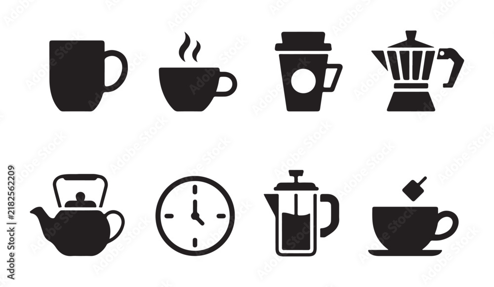 Obraz premium Essential coffee icons including mugs, teapots, and a timer for morning routines.