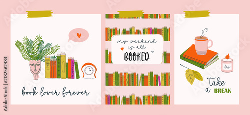 Cozy reading nook with decorative elements and inspiring quotes. Cute book theme prints set. Collection of book-related cards with autumn mood. Hand drawn flat design vector illustrations.