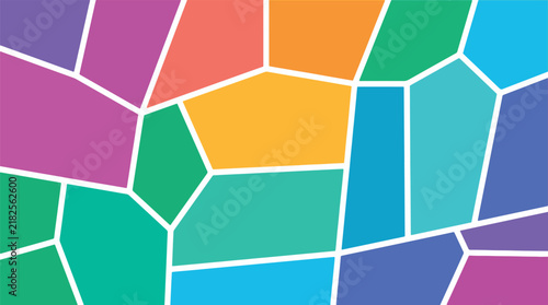 Abstract mosaic background featuring geometric polygon shapes in vibrant purple teal and orange tones.