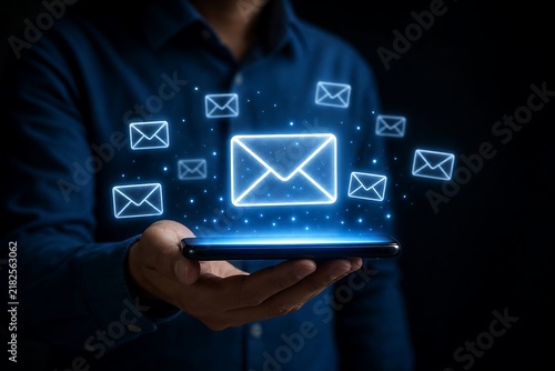 Person holding a smartphone with glowing digital email icons floating above the screen surface