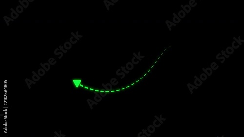 Glow green dotted curved arrow path moving on transparent background. 4k video