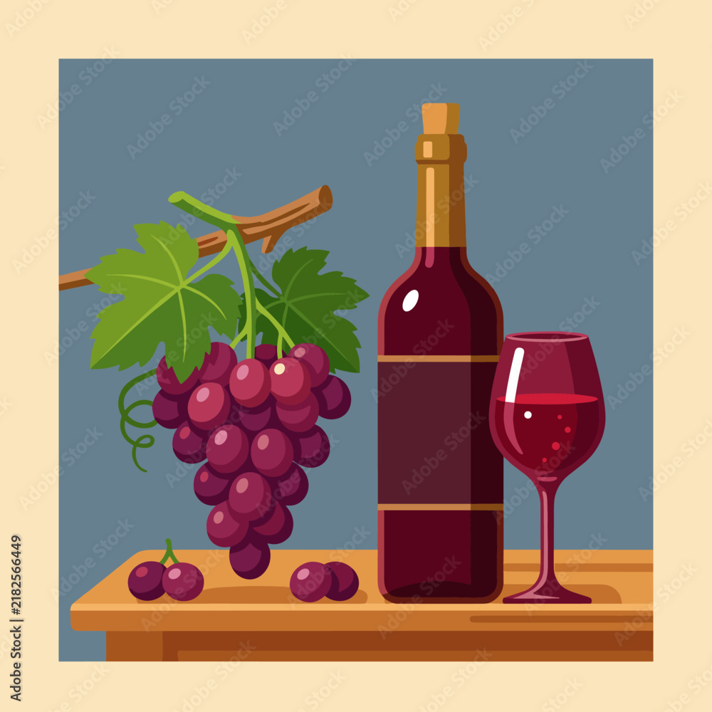 Obraz premium Still life vector art featuring a dark red wine bottle, a filled wine glass, and a large cluster of ripe purple grapes with a green vine on a wooden table against a blue background.