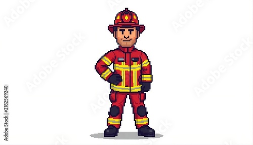 Pixel Art Firefighter Character in Red Uniform