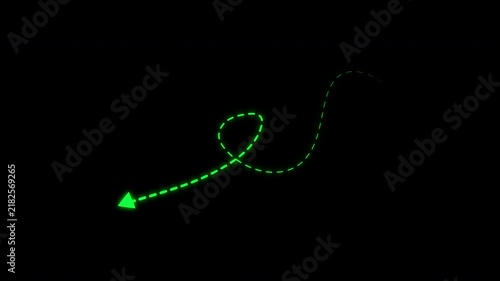 Glow green dotted curved arrow path moving on transparent background. 4k video