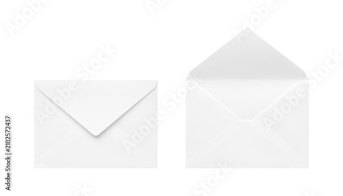 Cutout of the back sides of an open and a closed white envelope, seen from overhead.