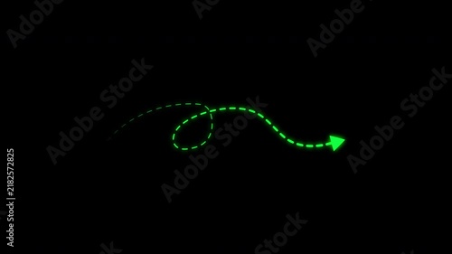 Glow green dotted curved arrow path moving on transparent background. 4k video