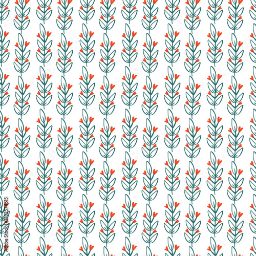 Seamless Hand-Drawn Floral Pattern With Green Leaves And Orange Flowers On White Background