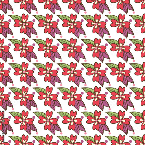 Seamless Red And Pink Floral Pattern With Leaves — Cute Hand-Drawn Botanical Repeat Design
