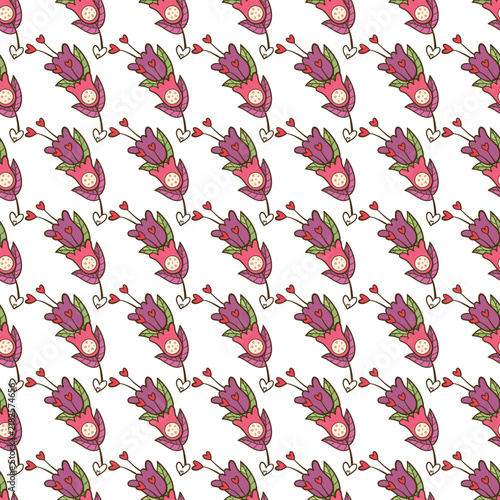 Seamless Hand-Drawn Floral Heart Pattern Pink and Purple Valentine Background For Fabric