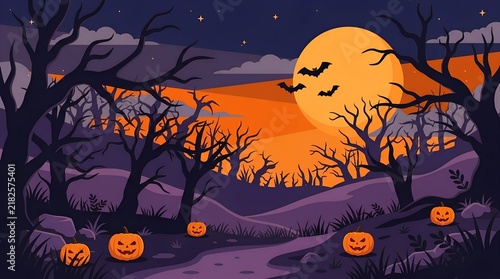 Halloween Background Vector Illustration, Scary Forest Landscape With Glowing Jack O Lantern Pumpkins, Dead Trees, Flying Bats, And Full Moon Night Sky