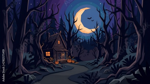 Spooky haunted house on moonlit forest path, witch's cottage at night, halloween witch's isolated cabin, scary witch hut