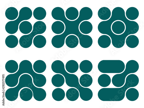 Set of six teal metaball grid icons showing merging circle clusters in varied square arrangements, ideal for tech logos and modern app icon design