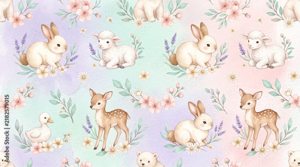 Naklejka premium Cute watercolor forest animals and pastel floral pattern