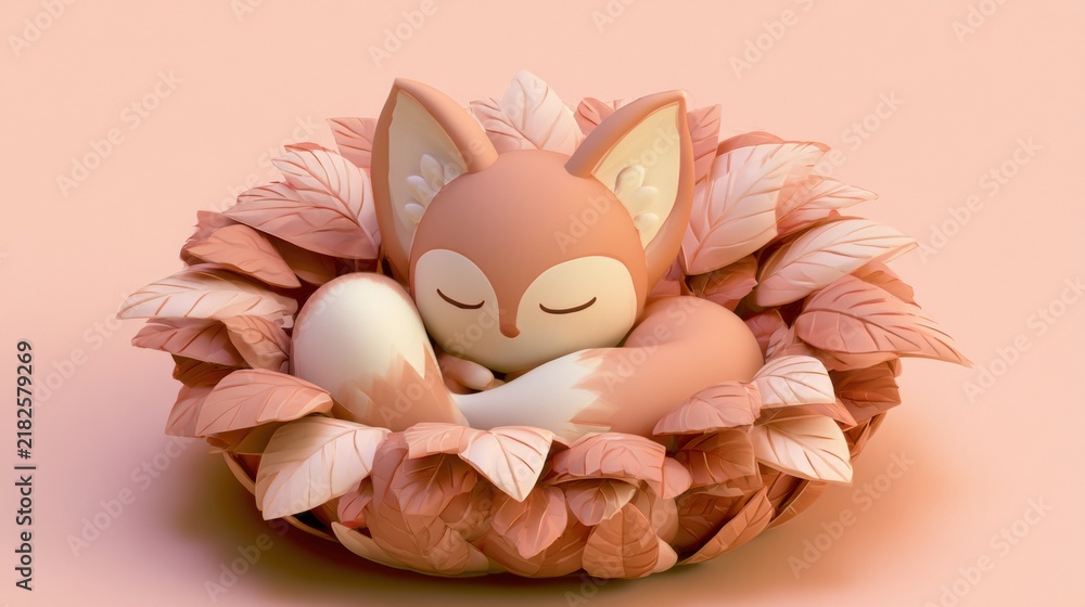 Obraz premium A cute fox character is napping peacefully in a pile of leaves during a warm, sunny day. The scene is soft with pastel hues.