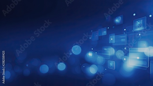 Abstract blue cybersecurity background with glowing digital icons and network elements, data protection, online security, privacy and technology concept
