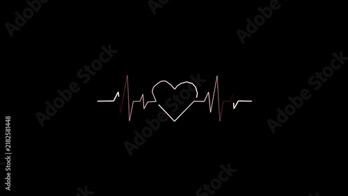 Heartbeat animation 4k. Red heart beating on black background ,Cardiogram cardiograph oscilloscope screen red .