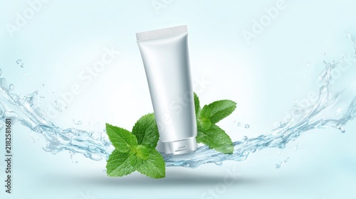 Silver skincare tube surrounded by fresh mint leaves and splashing water, clean cosmetic product display, beauty branding, hydration and natural wellness concept