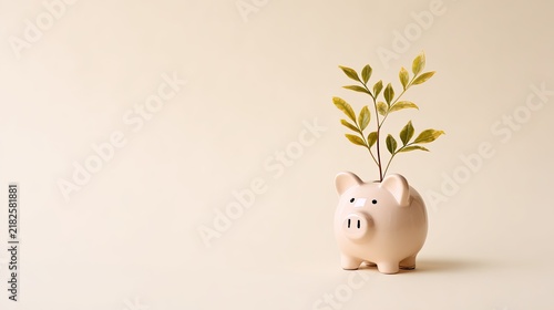 Piggy bank with a small green plant sprouting from the top on a beige background, savings, investment growth, financial planning and sustainable wealth concept