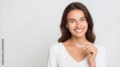 Smiling woman holding a clear dental aligner near her shoulder, orthodontic care, invisible braces, healthy teeth, oral hygiene and confident beauty portrait