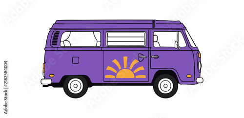 A purple vintage camper van with a sun icon illustration.