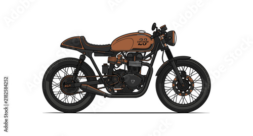 A stylish brown and black cafe racer motorcycle isolated on a white background.